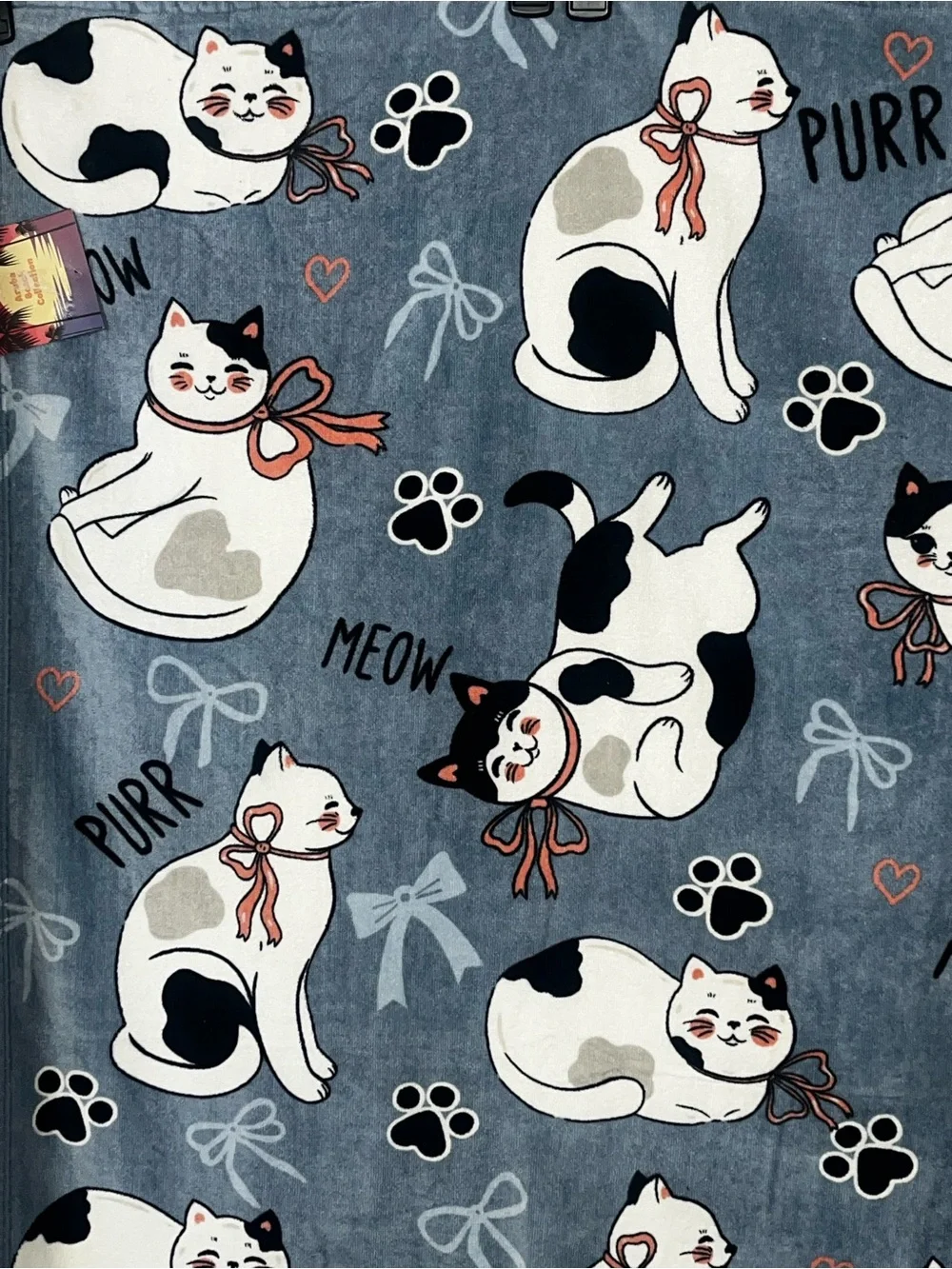 Cat Print Beach Towel Blue with White & Black Cats